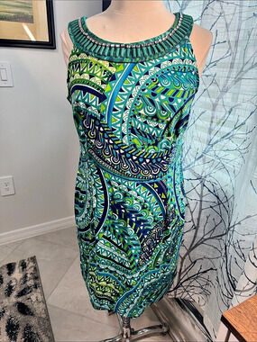 Sandra Darren Geometric Midi Dress in Green & Blue Size 14P Like New